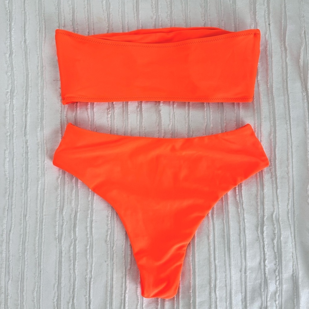 Shein Neon Orange High Waisted Strapless Bikini Size S - Picture 2 of 4